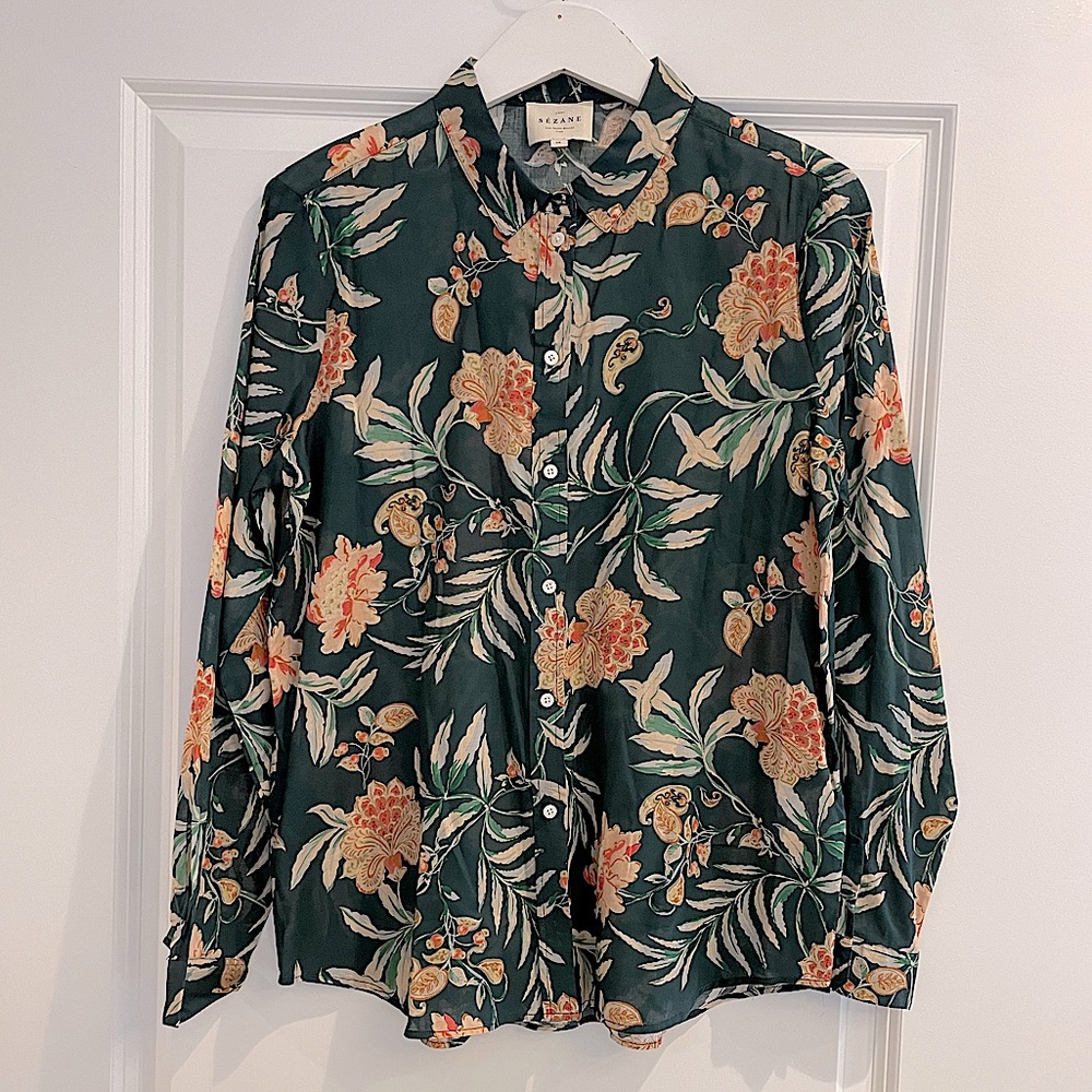 Sezane — Pierro Shirt — Demain Printed Maxi Teal Flowers Sz. FR 38 US 6